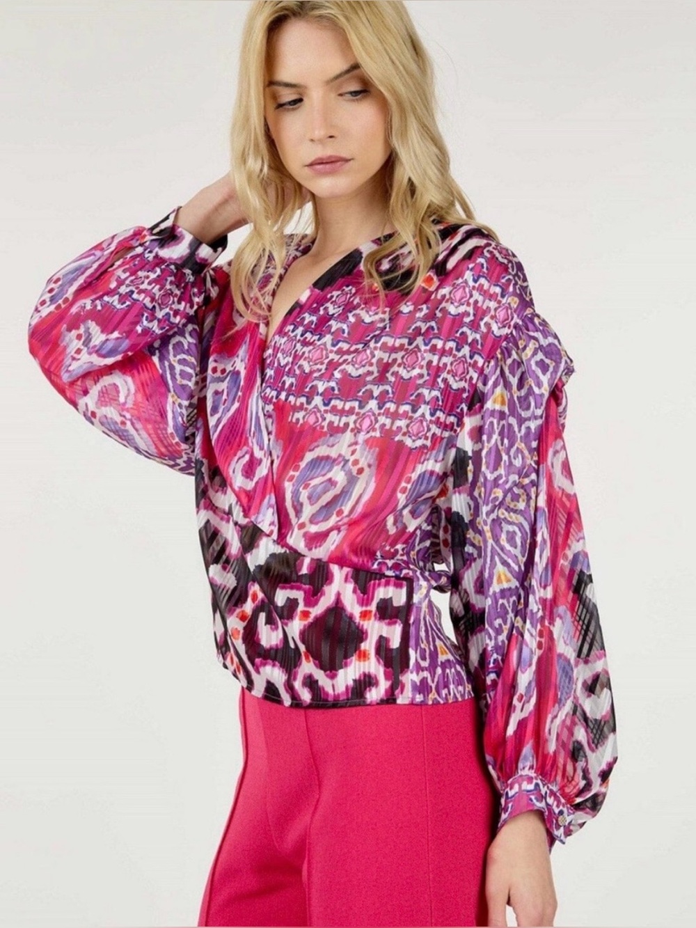 Vibrant Pink & Purple Printed Long Sleeve Blouse. Size Large